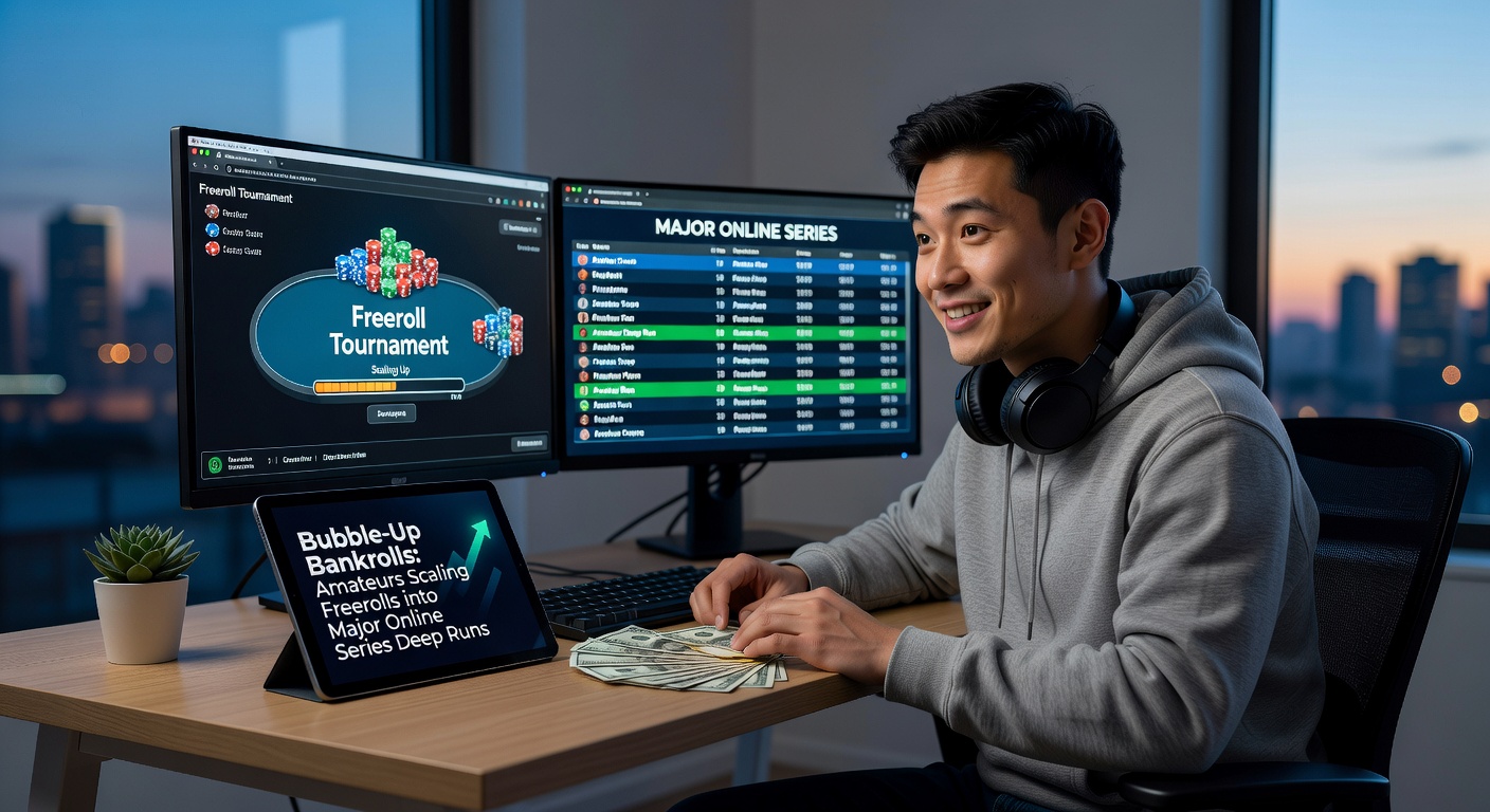 Amateur pokerspeler aan het scherm, geconcentreerd tijdens een diepgaande run in een online poker serie, met chips en toernooi-informatie zichtbaar