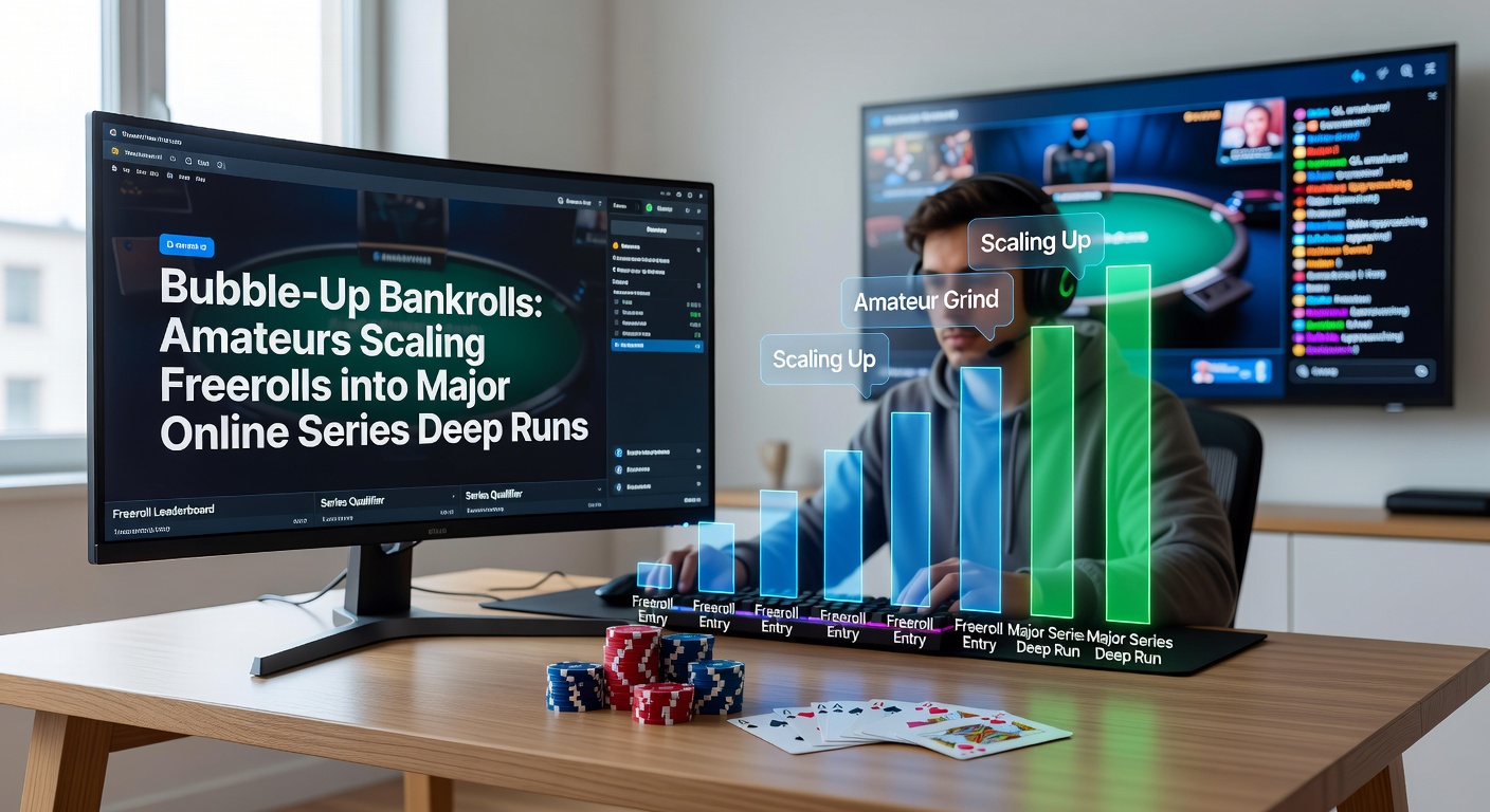 Grafiek met bankrollgroei van een amateur, beginnend bij freerolls en klimmend naar prijzen in grote online series, met pieken bij deep runs