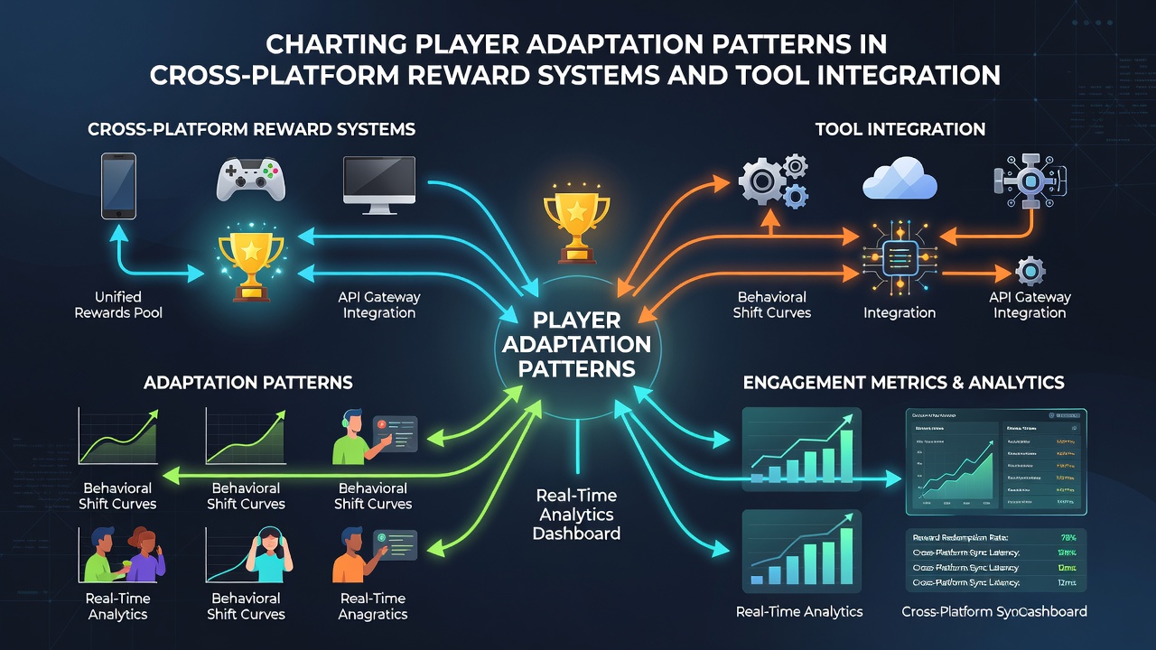 Illustratie van toolintegratie waarbij spelers data synchroniseren over mobiele en desktop beloningssystemen