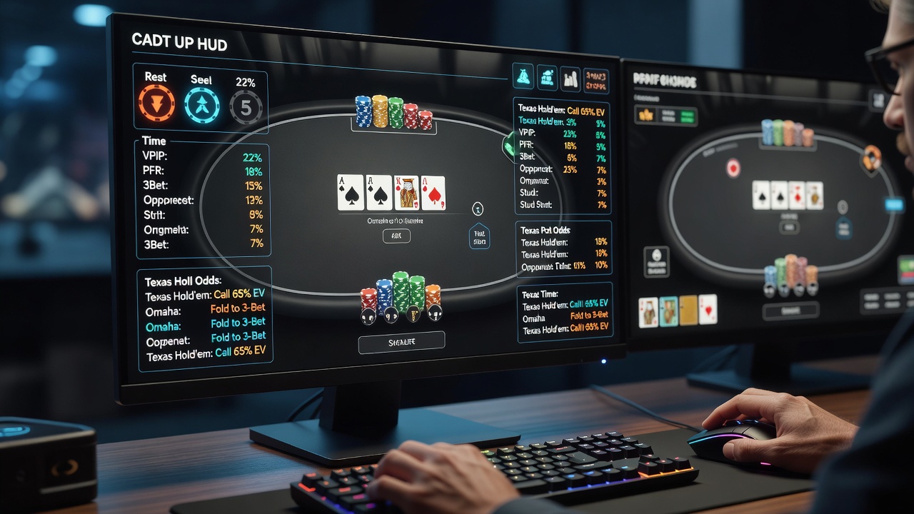 Voorbeeld van een aangepaste HUD-configuratie in poker software met statistieken over spelersgedrag