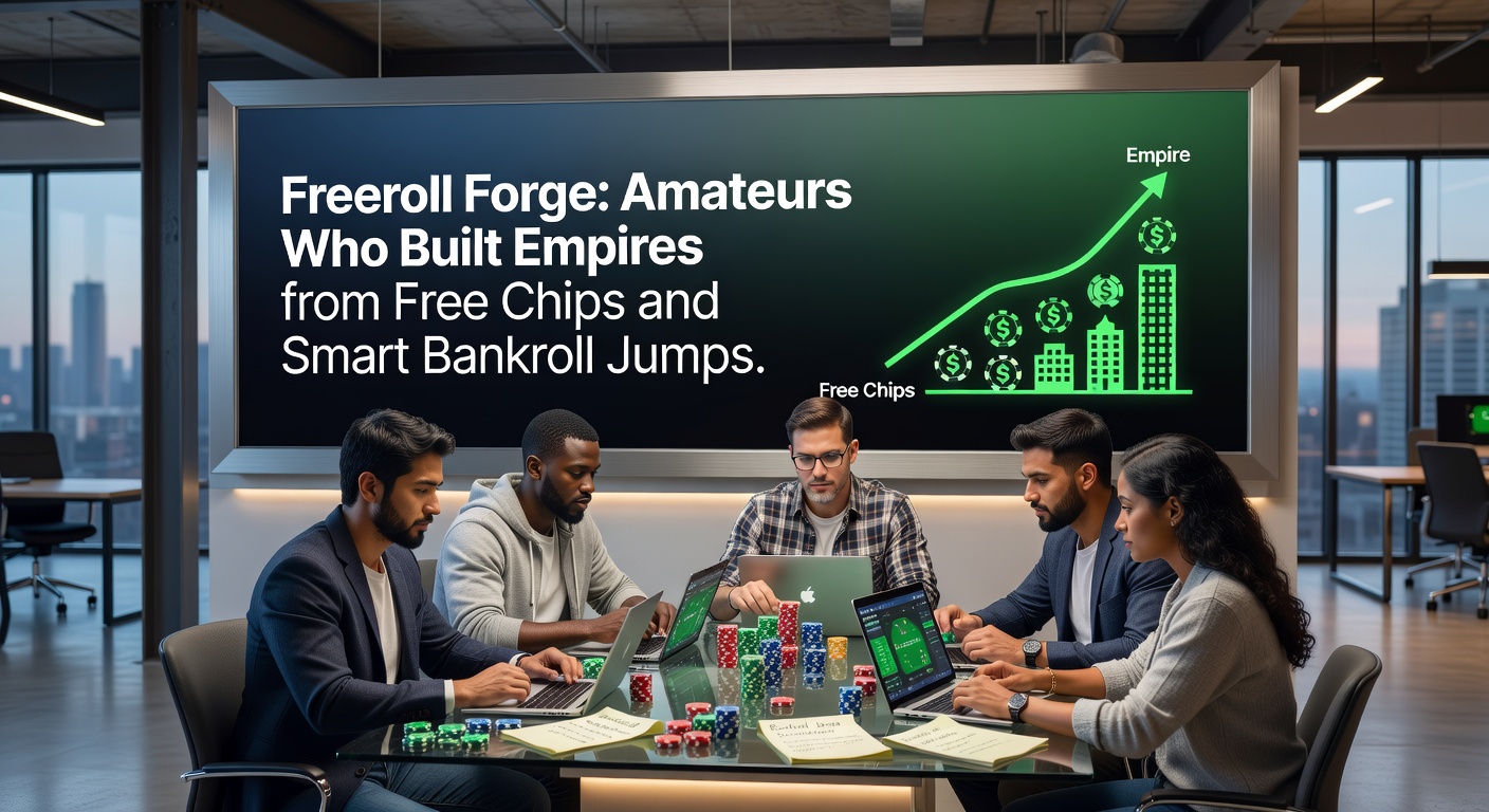 Een groep enthousiaste pokerspelers aan laptops tijdens een online freeroll-toernooi, met chips en kaarten op het scherm zichtbaar, symboliserend de start van een bankroll-reis