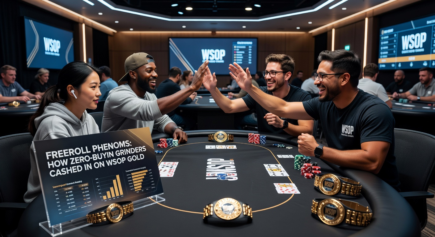 Een grinder viert een cash bij de WSOP-tafel, met stapels fiches en een bracelet in zicht, symbool voor de reis van gratis entries naar groot succes