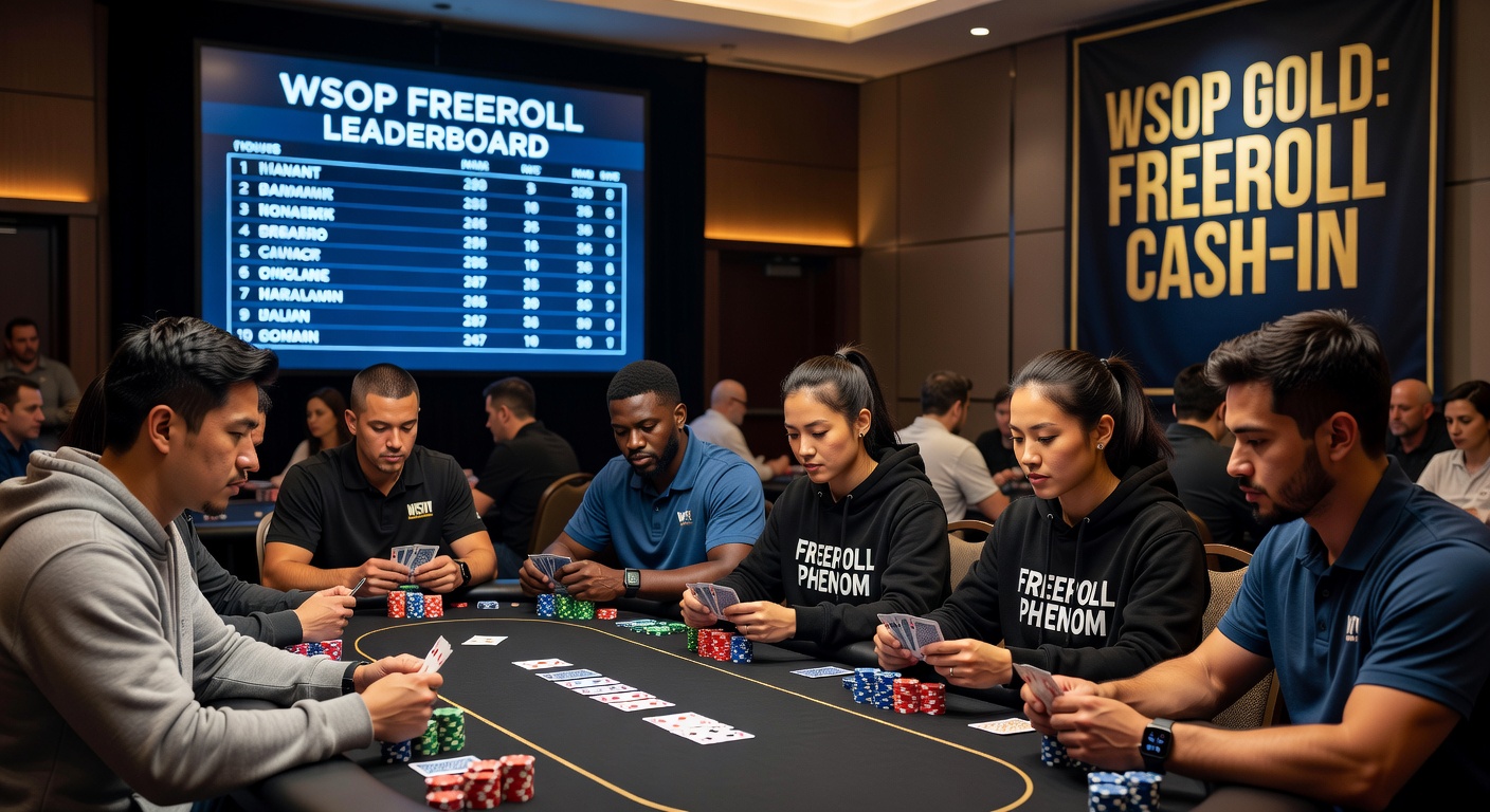 Grinders multitablen freerolls op meerdere schermen, met grafieken en stats zichtbaar, illustrerend de grind naar WSOP-kwalificatie