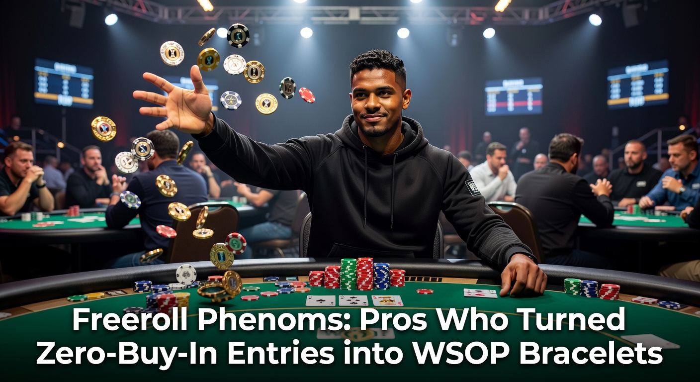 Een pokerpro heft de felbegeerde WSOP-armband triomfantelijk omhoog na een overwinning vanuit een eenvoudige freeroll-start
