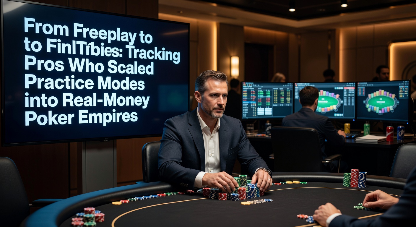 Een pokerpro viert een overwinning aan een final table, met chips en kaarten op tafel, symboliserend de sprong van gratis oefenmodi naar professionele stakes