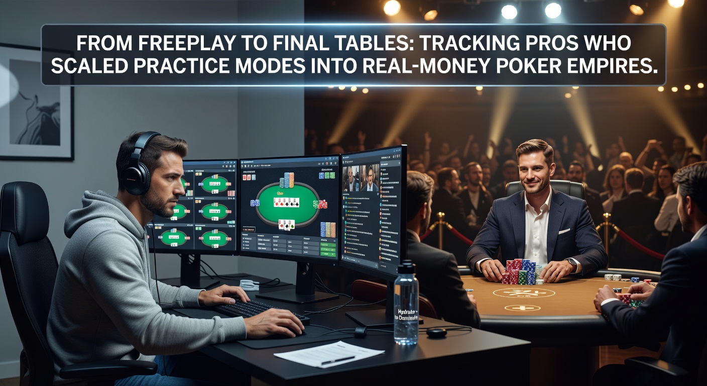 Een groep pokerpros bespreekt strategieën aan een tafel met laptops en trackers, illustrerend de transitie van online oefenmodi naar professionele real-money battles