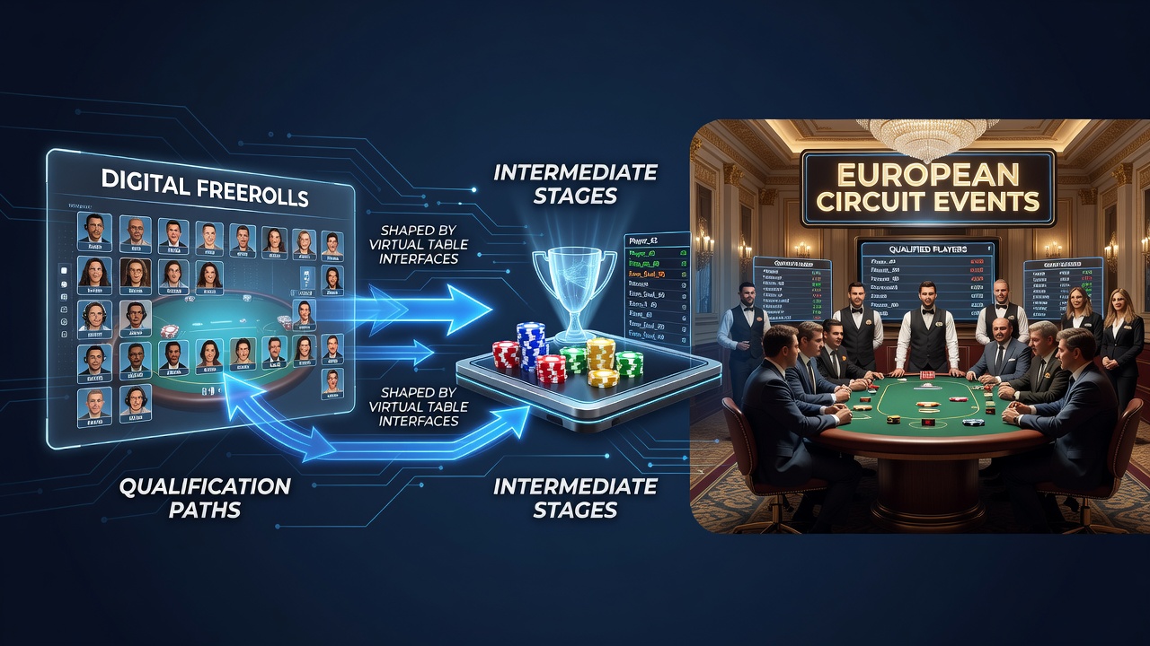 Virtuele poker tafel interface die spelers voorbereidt op kwalificatiepaden
