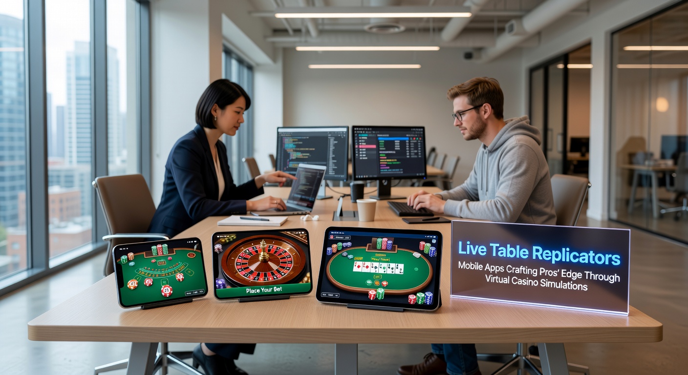Schermafbeelding van een mobiele app die een live casino-tafel simuleert met kaarten, fiches en een virtuele dealer