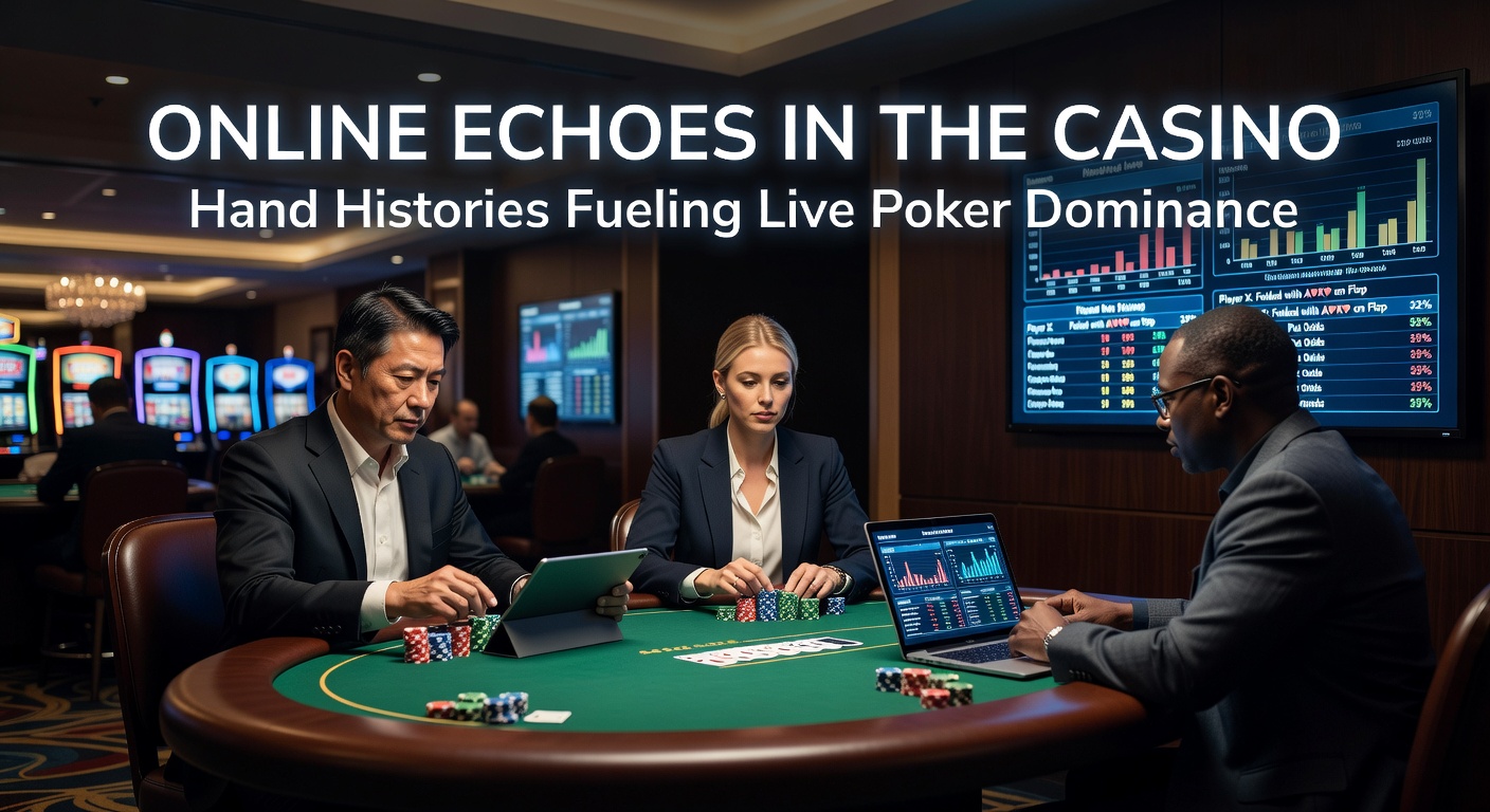 Een pokerspeler analyseert handgeschiedenissen op een laptop naast een live pokertafel in een casino, symboliserend de brug tussen online en live poker