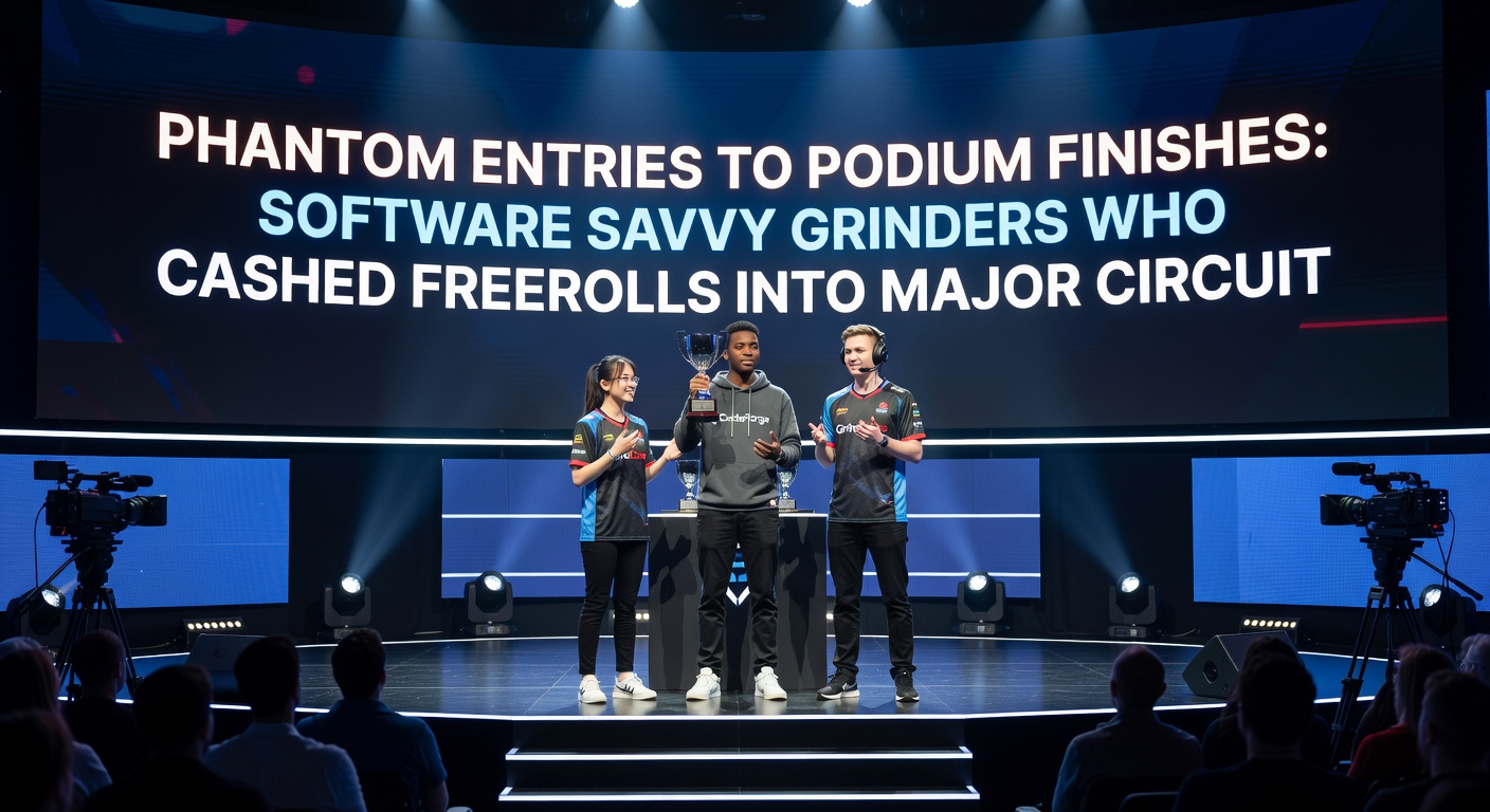 Trofee-uitreiking op een WSOP Circuit podium, met een speler die een ring in ontvangst neemt te midden van juichende toeschouwers en poker chips op tafel