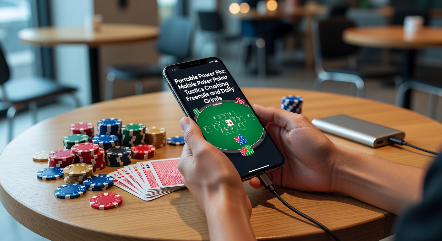 Speler met smartphone aan pokertafel, multitaskend tussen freeroll en daily grind