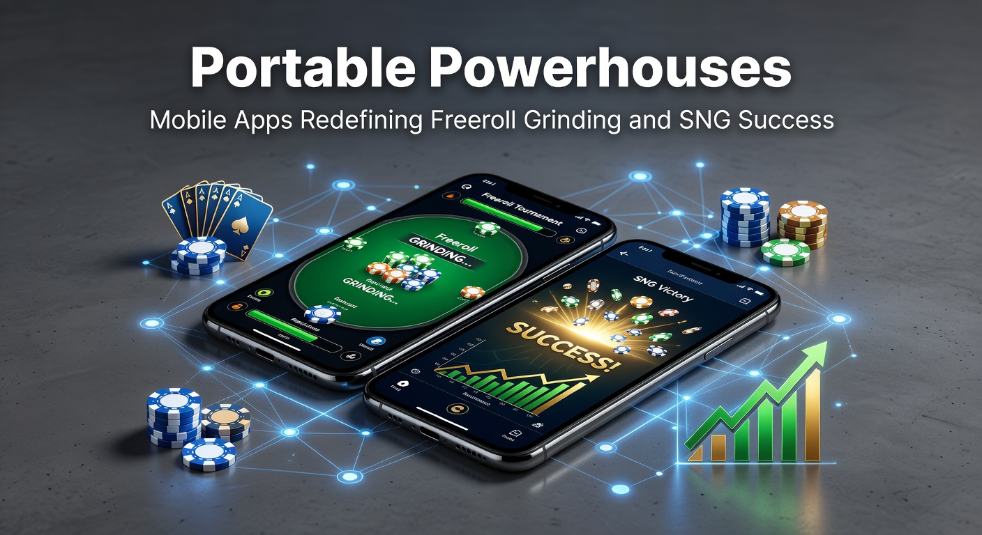 Smartphone met pokerapp op scherm, freerolls en SNG tabbladen zichtbaar tijdens een grind sessie