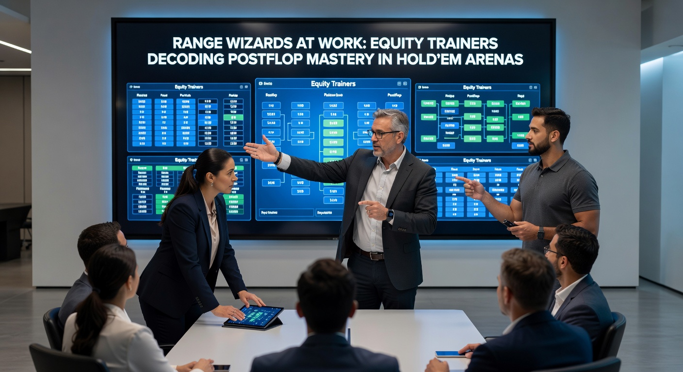 Schermafbeelding van een equity trainer met range visualisaties en postflop spots in Texas Hold'em