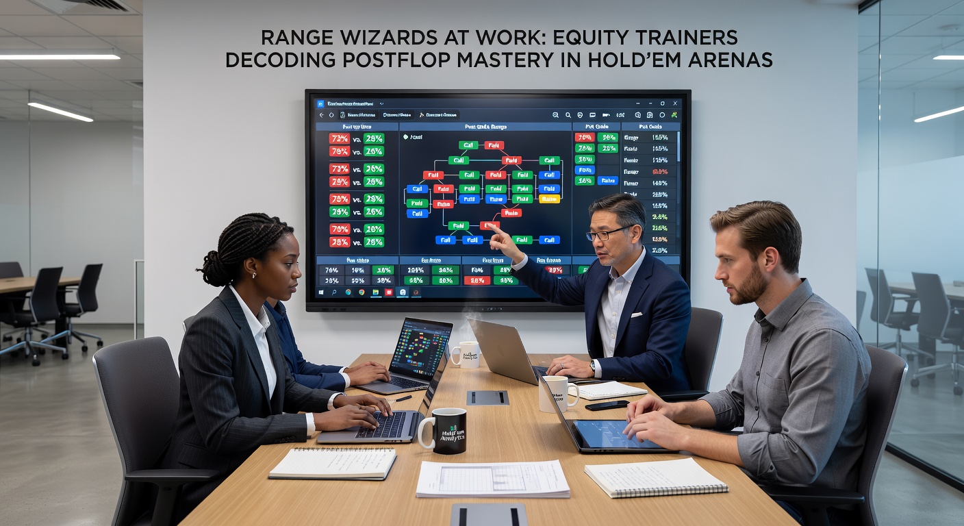 Voorbeeld van een geavanceerde GTO trainer met postflop range trees en equity heatmaps in Hold'em simulaties