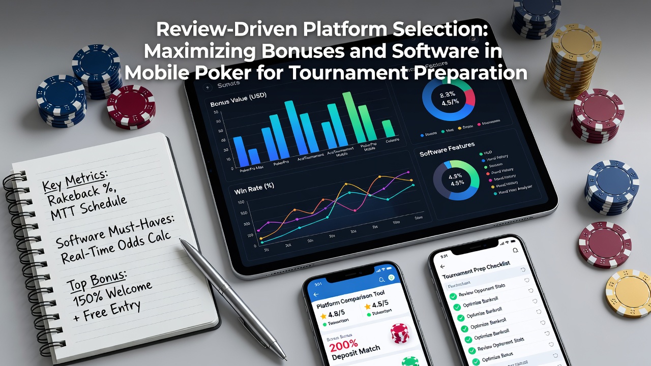 Mobiele poker app interface met bonusoverzichten en reviewratings op een smartphone scherm