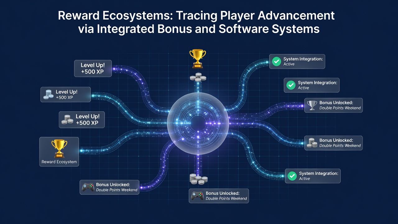 Geïntegreerde beloningssystemen in online gaming platforms tonen dashboards met spelersvoortgang en bonusstructuren